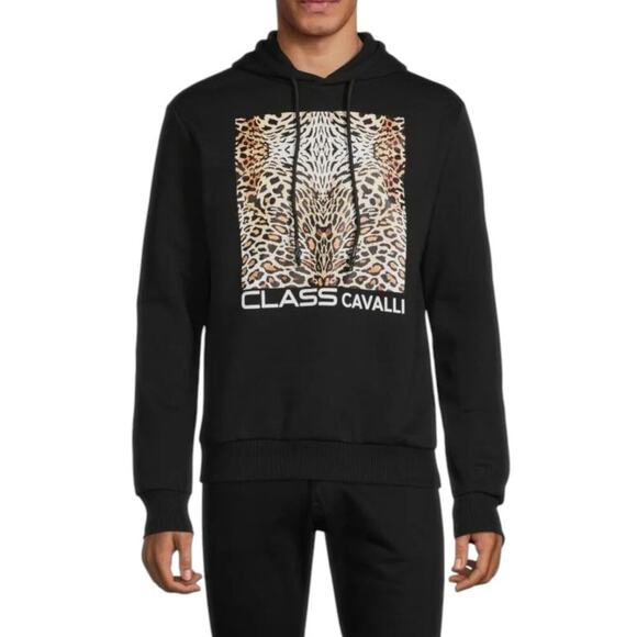 NEW Cavalli CLASS by Roberto Cavalli Leopard Graphic Hoodie SIZE S Black NWT - Picture 1 of 10